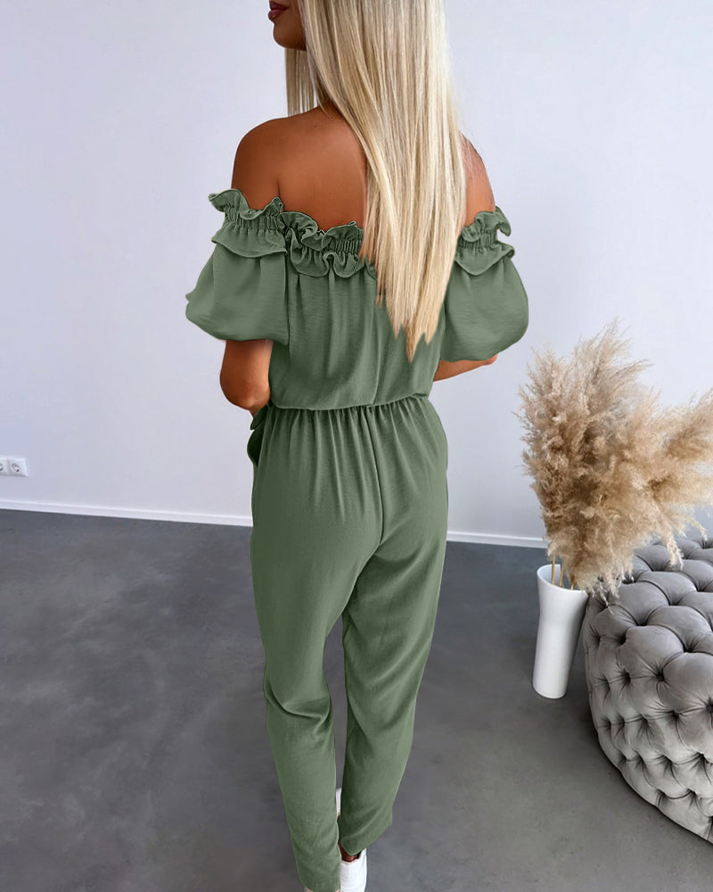 Frill Trim Off Shoulder Short Sleeve Tie Waist Overalls Casual Textured Jumpsuit