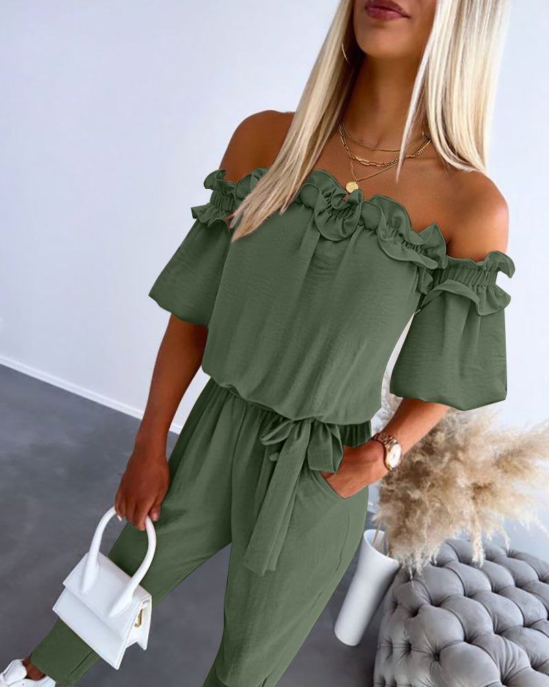 Frill Trim Off Shoulder Short Sleeve Tie Waist Overalls Casual Textured Jumpsuit