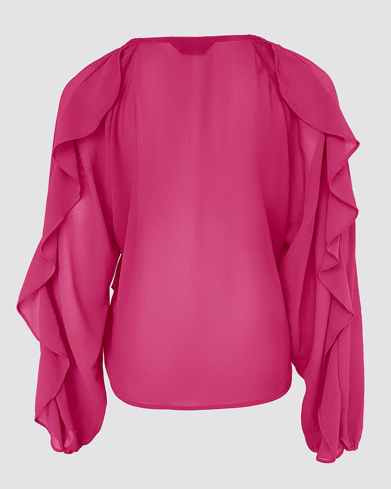 V Neck Shoulder Ruffles Design Blouse Casual Button Front Long Sleeve Top
