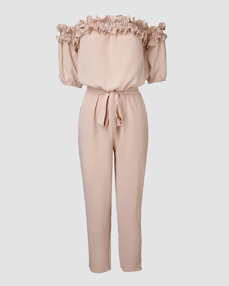 Frill Trim Off Shoulder Short Sleeve Tie Waist Overalls Casual Textured Jumpsuit