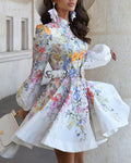 French Style Floral Print Stand Collar Lantern Sleeve Mixed-shape Button Down Dress Elegant Palace Style Cinched Waist Umbrella Hem Dress with Belt