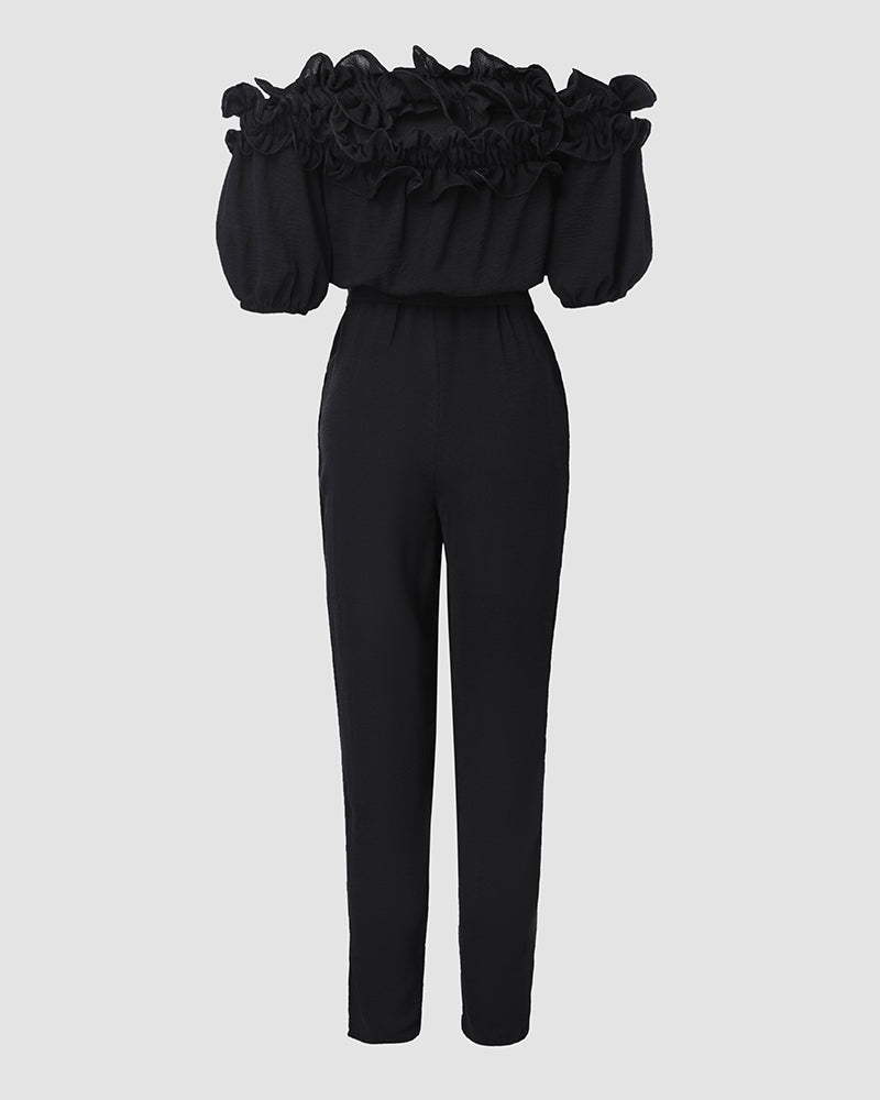 Frill Trim Off Shoulder Short Sleeve Tie Waist Overalls Casual Textured Jumpsuit