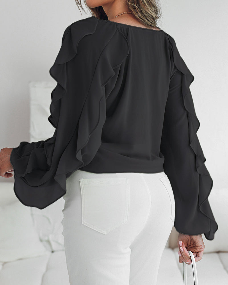 V Neck Shoulder Ruffles Design Blouse Casual Button Front Long Sleeve Top