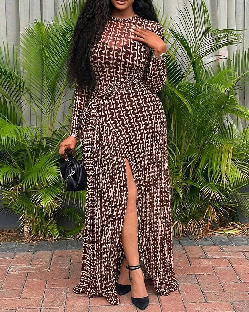 Geometric Print Long Sleeve Waist Tied Detail Maxi Dress Casual Slim Fit Slit Vacation Dress