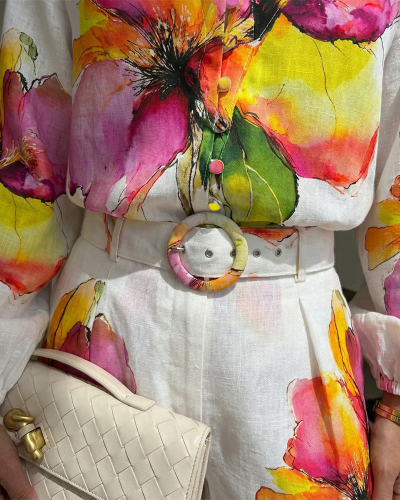 2 Pieces Outfit Stand Collar Lantern Sleeve Button Front Top and High Waist Elastic Waist Shorts Set Casual Watercolor Floral Placement Print Set with Belt & Lining