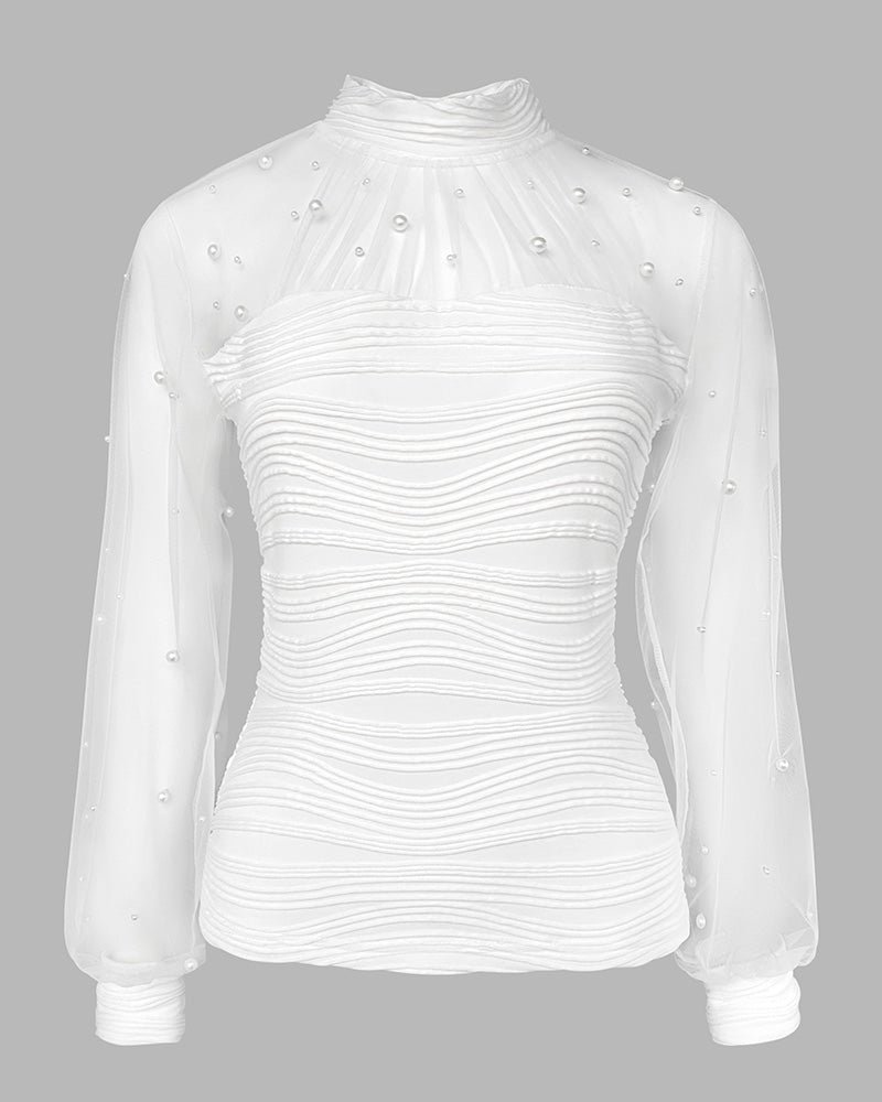 Pearls Decor Mock Neck Sheer Mesh Spliced Ruched Tee Hollow-out Back Slim Fit Textured Top