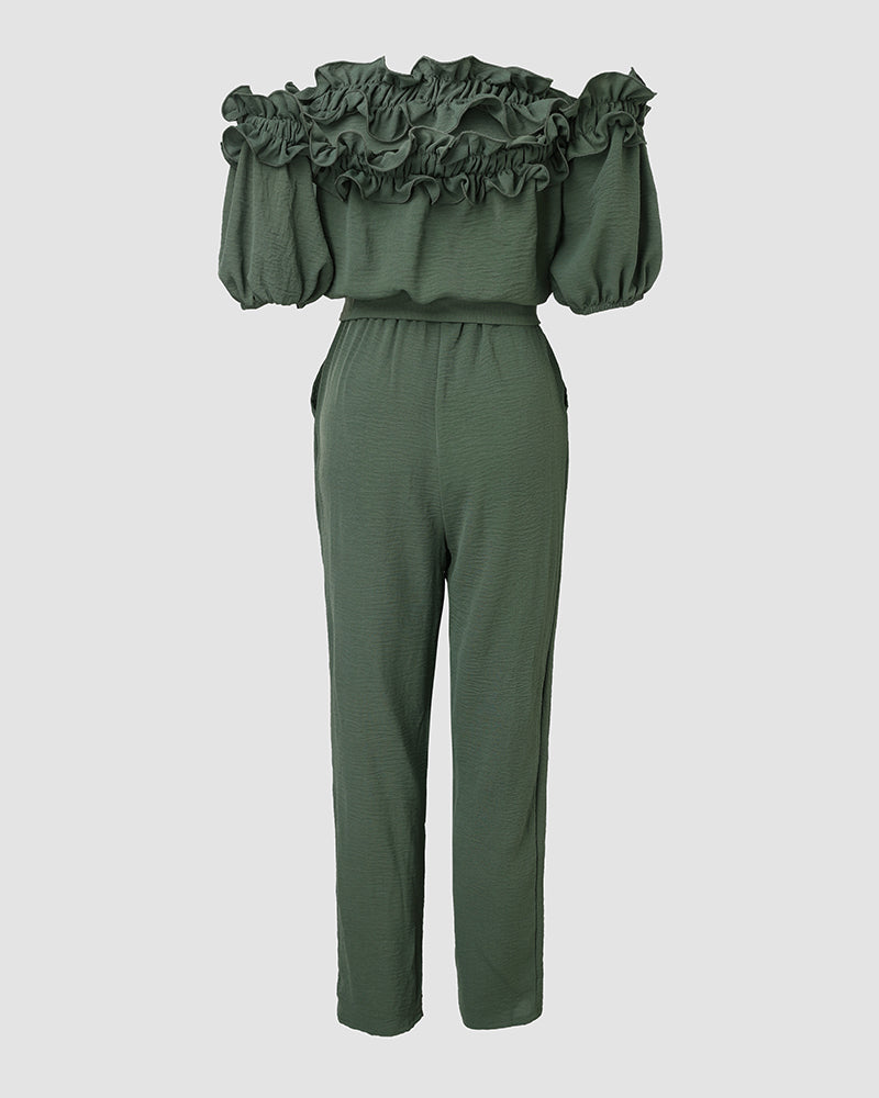 Frill Trim Off Shoulder Short Sleeve Tie Waist Overalls Casual Textured Jumpsuit