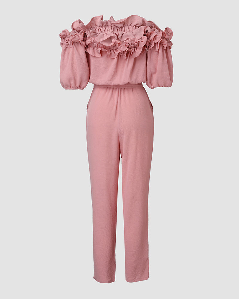 Frill Trim Off Shoulder Short Sleeve Tie Waist Overalls Casual Textured Jumpsuit