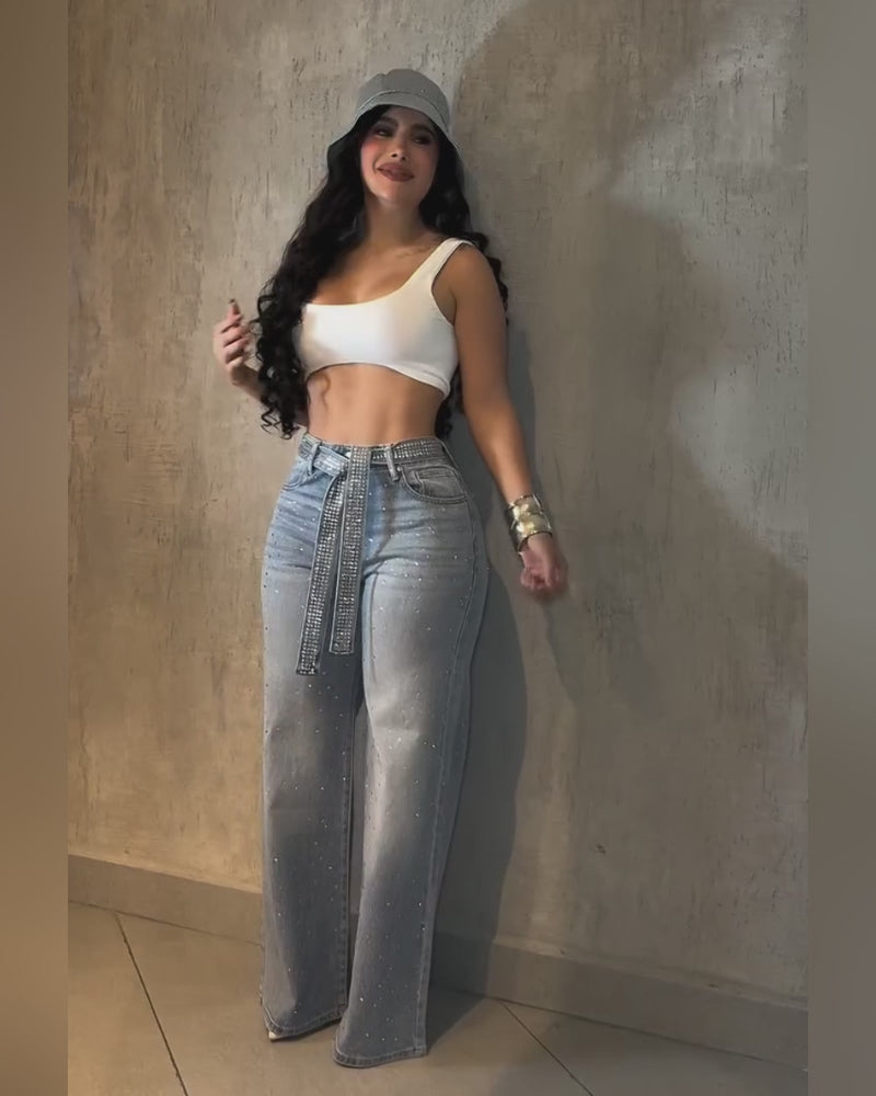 Allover Rhinestone Decor High Waist Zipper Fly Jeans Casual Flared Denim Pants with Rhinestone Decor Belt