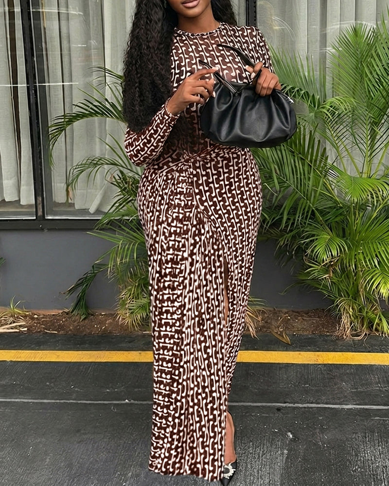 Geometric Print Long Sleeve Waist Tied Detail Maxi Dress Casual Slim Fit Slit Vacation Dress
