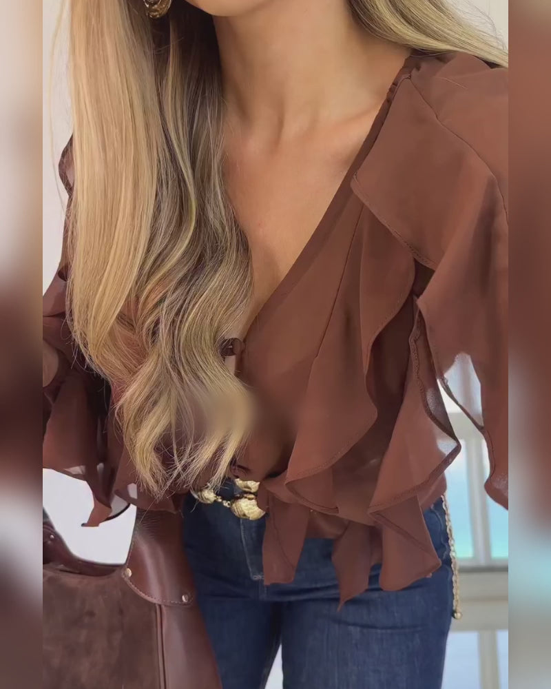 V Neck Shoulder Ruffles Design Blouse Casual Button Front Long Sleeve Top