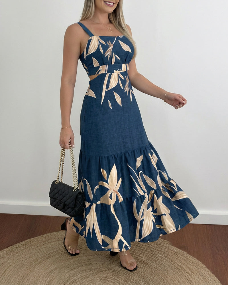 Plants Placement Print Adjustable Straps Cutout Waist Shirred Back Maxi Dress Casual Cinched Waist Ruffle Hem Vacation Dress
