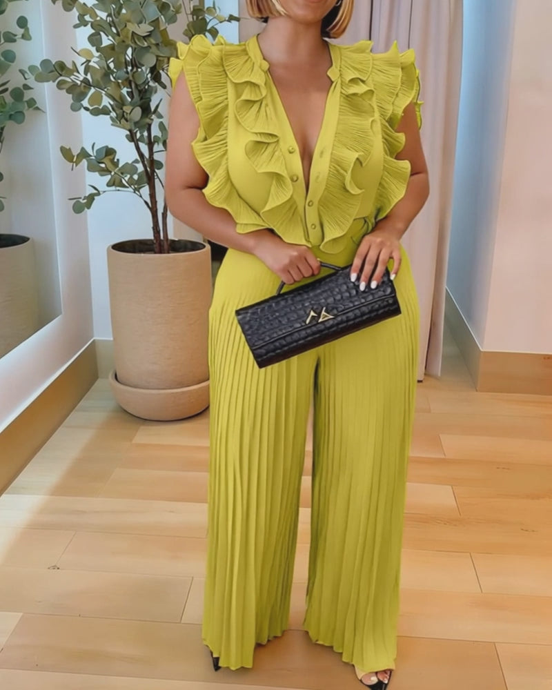 Ruffles Spliced V-Neck Sleeveless Button Front Pleated Overalls Casual Zipper Back Wide Leg Jumpsuit