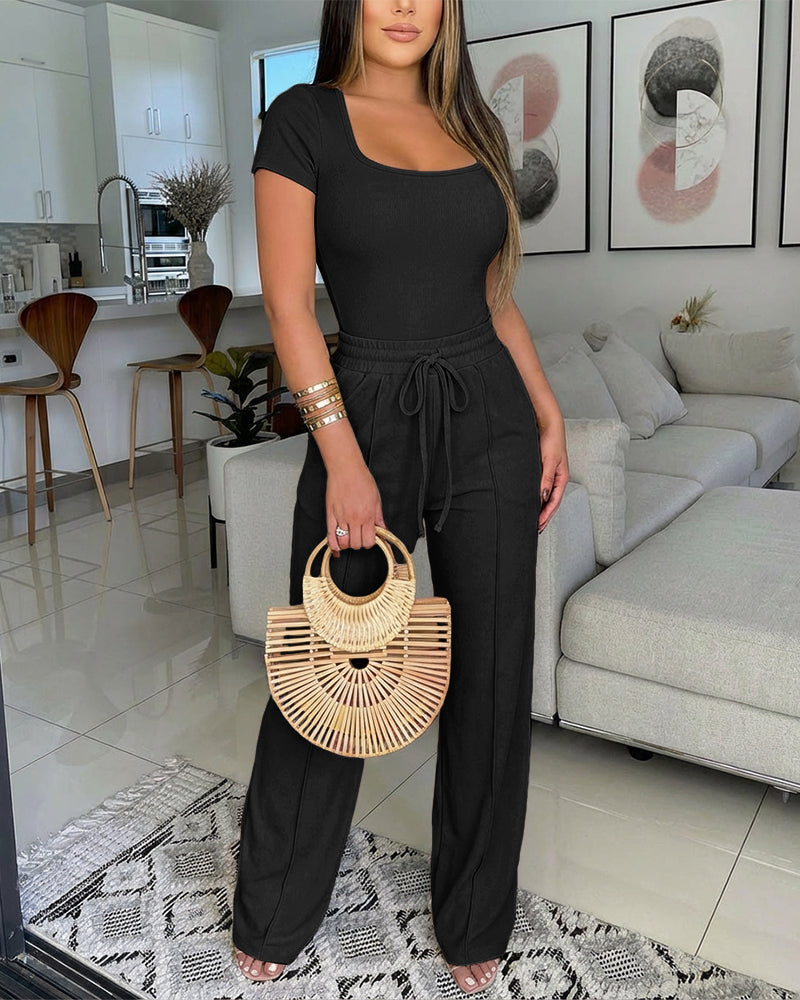 2 Pieces Outfit U-Neck Short Sleeve Slim Fit Ribbed Bodysuit and Drawstring Elastic Waist Seam Front Pants Casual Versatile Set