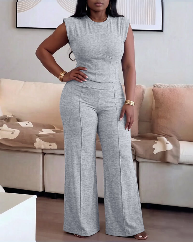 2 Pieces Outfit O-neck Sleeveless Padded Shoulders Cinched Waist Crop Top and Elastic Waist Seam Front Wide Leg Pants Set